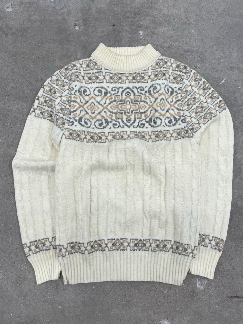 VINTAGE 70S JANTZEN FAIR ISLE WOOL USA IVORY SWEATER SIZE SMALL
